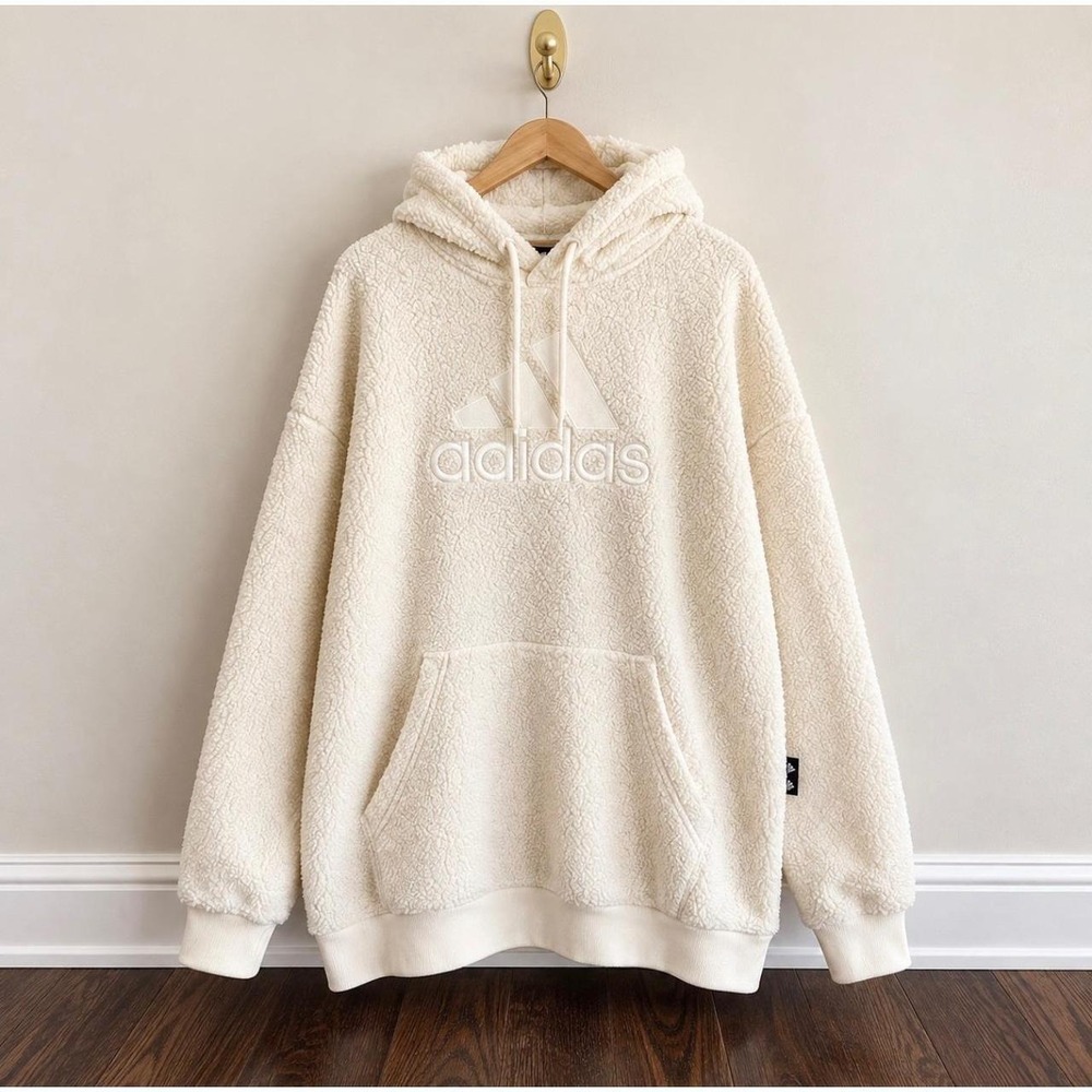 Adidas Cream Oversized Sherpa Fleece Hoodie XL Off White Embroidered Logo